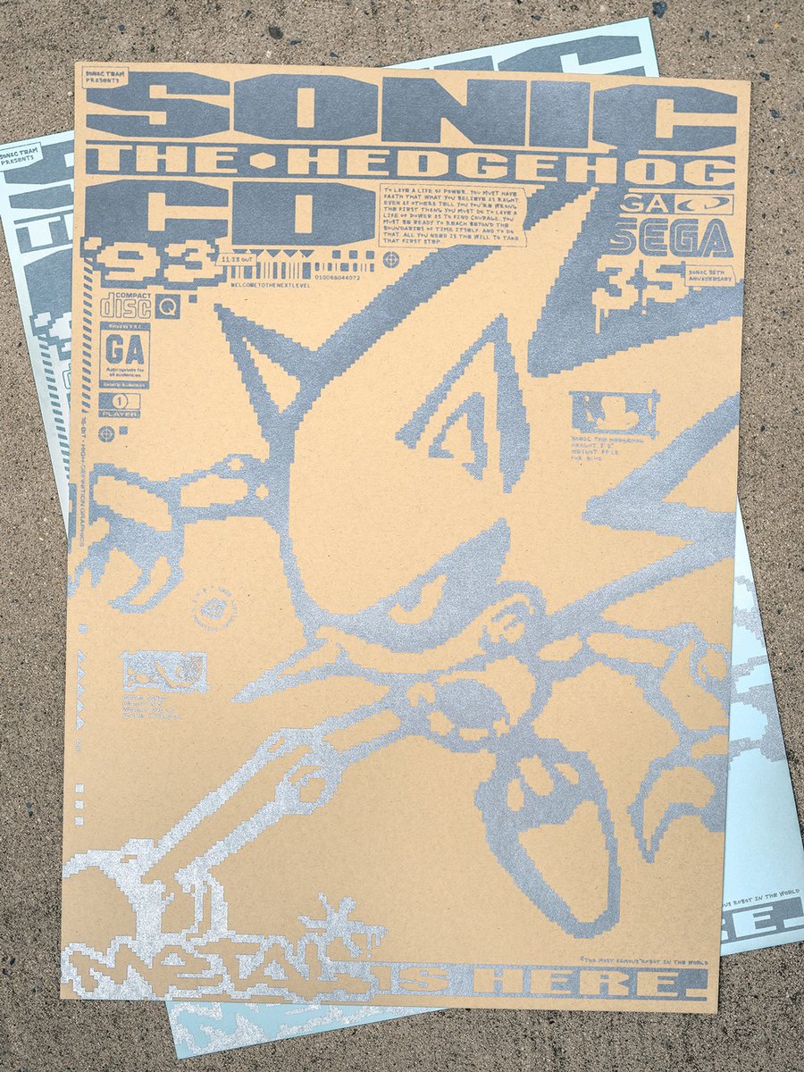 CorySchmitz's tweet photo. My METAL IS HERE poster, in collaboration with @iam8bit &amp; @SEGA, will be featured in the 35 Years of Speed: The Sonic Art Exhibit!! #sonic35exhibit https://t.co/XY9hL7IO2Y