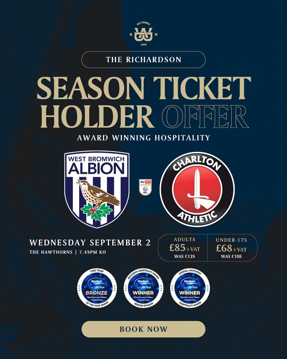 WBA's tweet photo. Come and enjoy The Hawthorns in style! 🏡

Season ticket holders are reminded they can take advantage of a special hospitality deal for our next home fixture! 🍽️