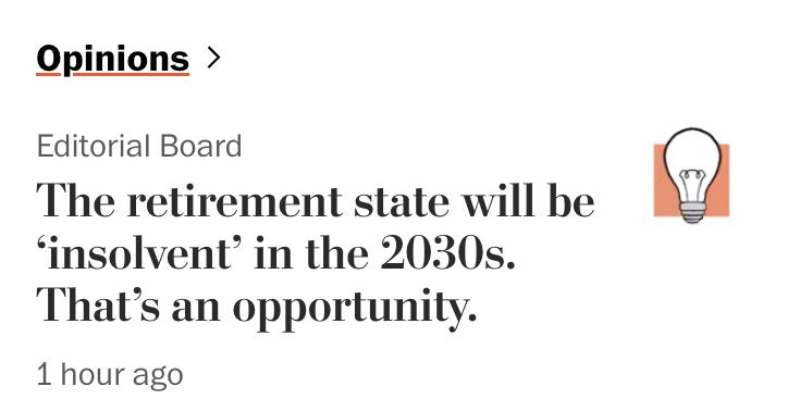 GreenPlusAnE's tweet photo. Some shocking figures in today's @washingtonpost editorial:
- "Seniors making six figures receive over a third of all Social Security benefits"
- "A husband and wife with an income around $100,000 who turned 65 years old in 2025 are expected to receive 4.4 times as much in Medicare benefits (in present value and net of premiums) as they paid in Medicare payroll taxes..."

America's heading towards bankruptcy, while forcing younger workers to subsidize the comfortable retirement lifestyles of millionaires.

If young people today don't like being told to pull themselves up by their bootstraps, maybe it's because the people giving this advice are some of the largest beneficiaries of welfare.