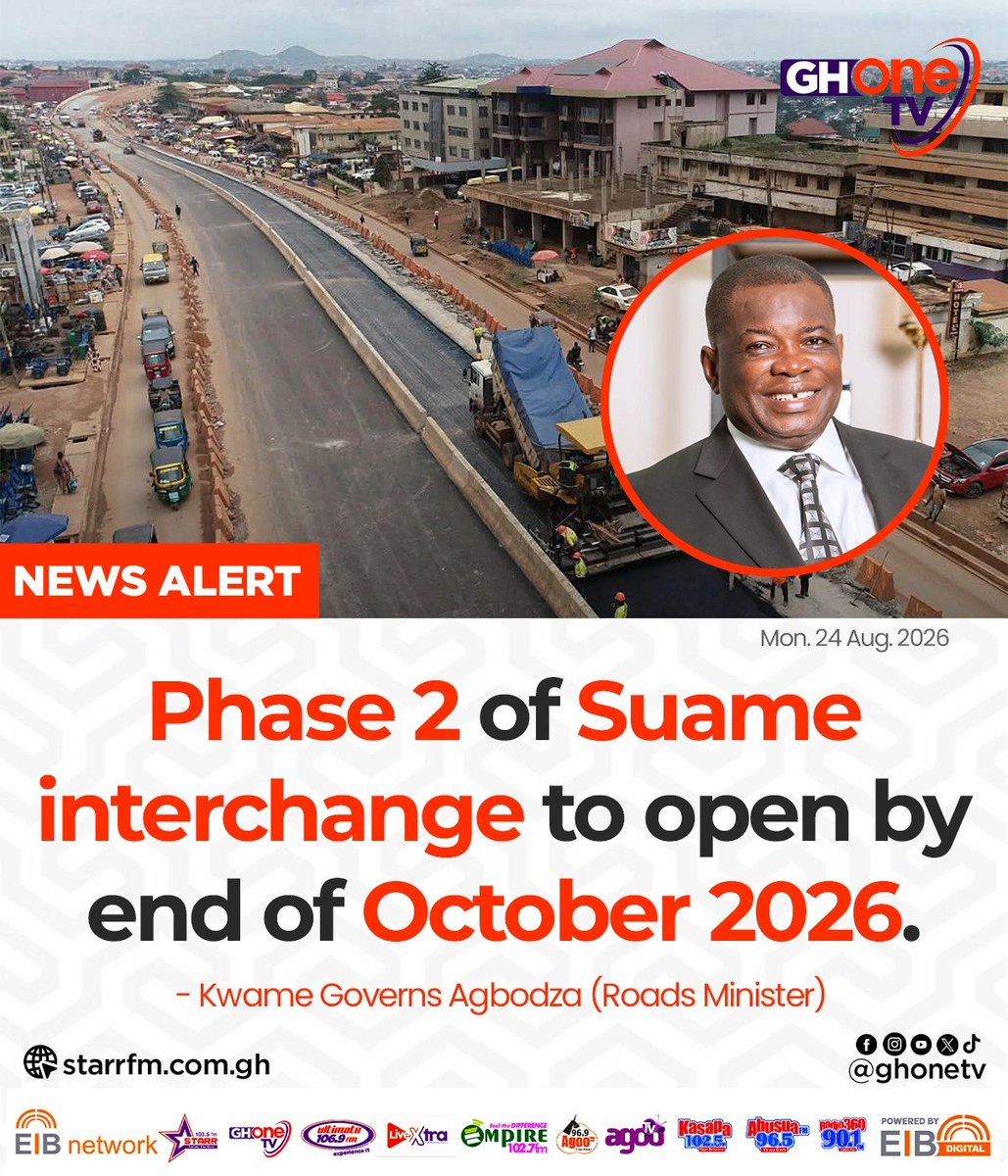 ghonetv's tweet photo. Phase 2 of Suame interchange to open by end of October 2026... - Kwame Governs Agbodza (Roads Minister)

#EIBNetwork #GHOneTV 
#GHOneNews #NewsAlert https://t.co/J6iRiXLW06
