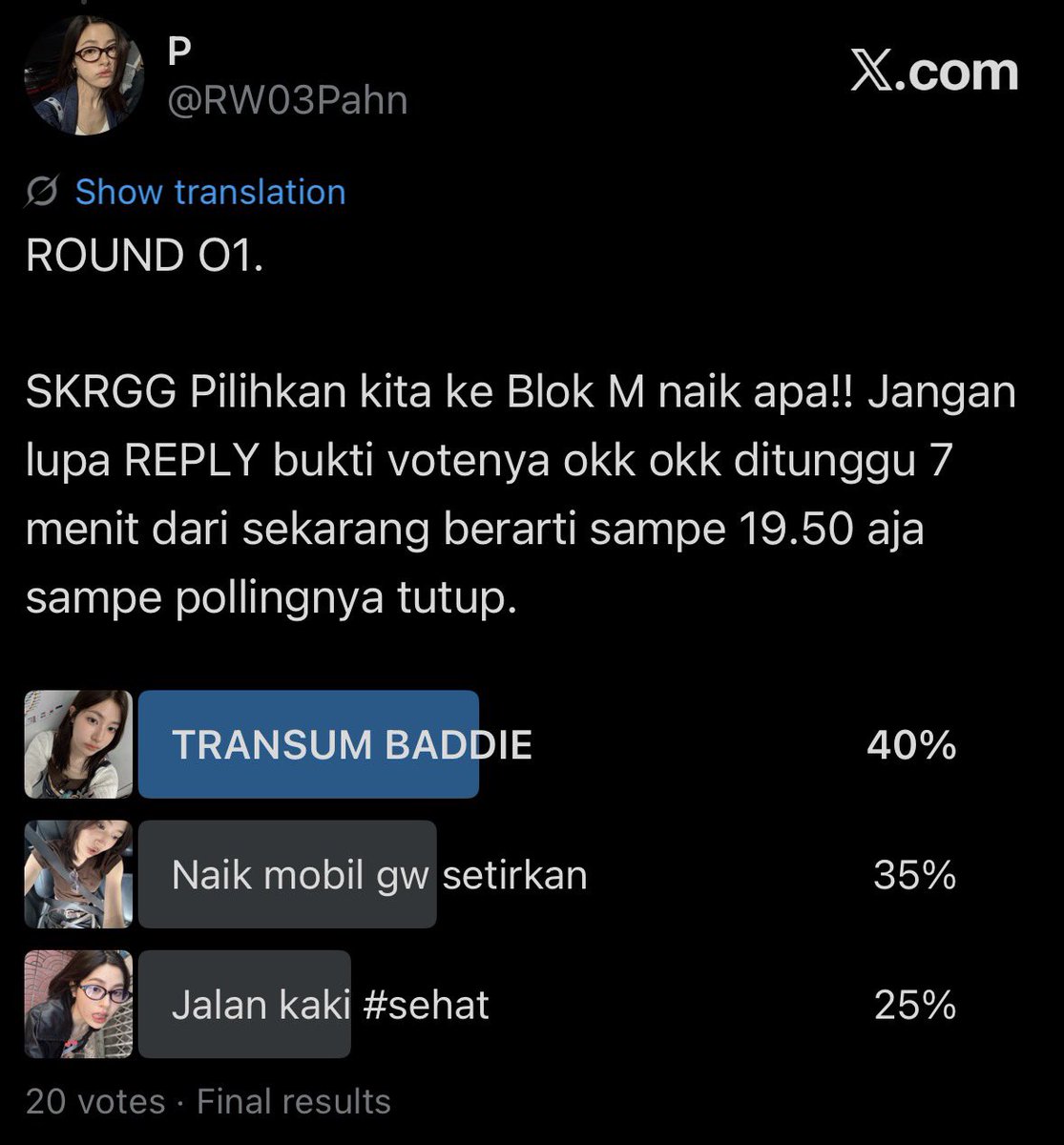 RW03Pahn's tweet photo. HASIL ROUND 1.

Ternyata yang memilih hidup sehat jalan kakk sedikit loh yaaa.

Jalan kaki +936
Naik mobil +524
TRANSUM BADDIE +127

Next round 19.53 tunggukan!! https://t.co/pEQkO2URl0