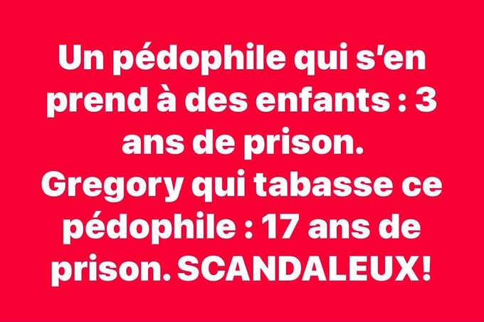 PoissonPoker's tweet photo. 🟥Un pédophile qui s'en prend à des enfants : 3 ans de prison.
Gregory qui tabasse ce pédophile: 17 ans de prison. 

SCANDALEUX!😡 https://t.co/urQOLDRCdB