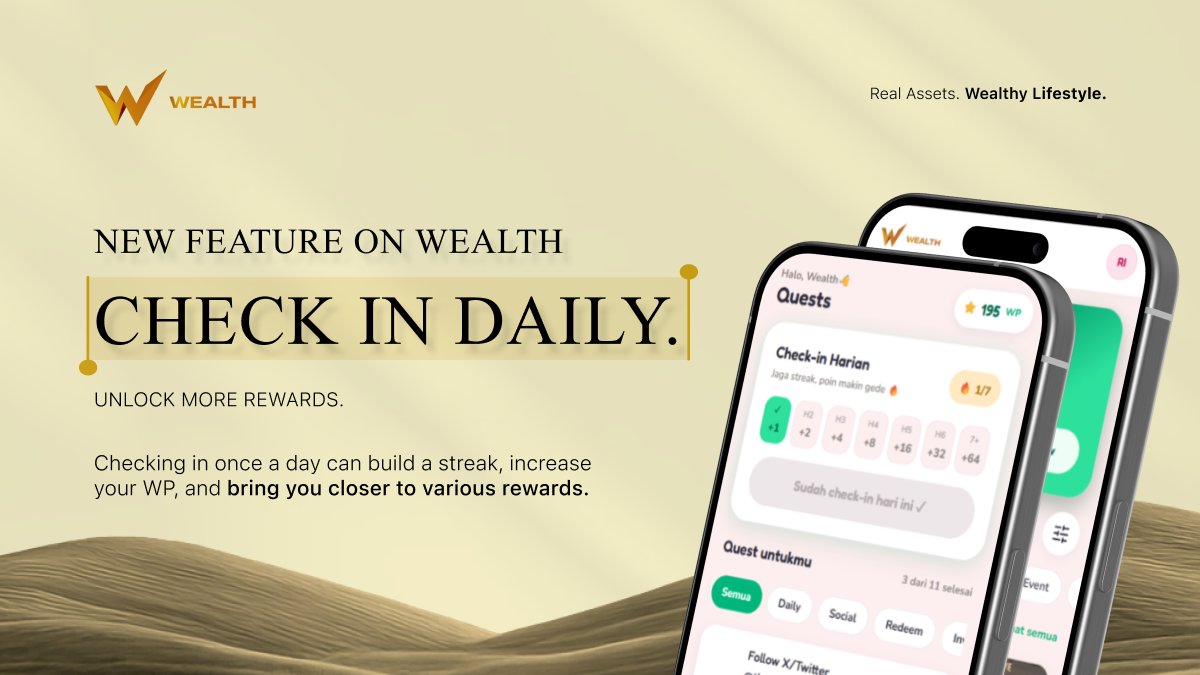 thewealthcrypto's tweet photo. NEW FEATURE ON WEALTH: CHECK IN DAILY.

One simple daily action now gives you a reason to keep coming back.

Check in, build your streak, and collect more WP as your consistency grows.

Here’s how the reward progression works ↓