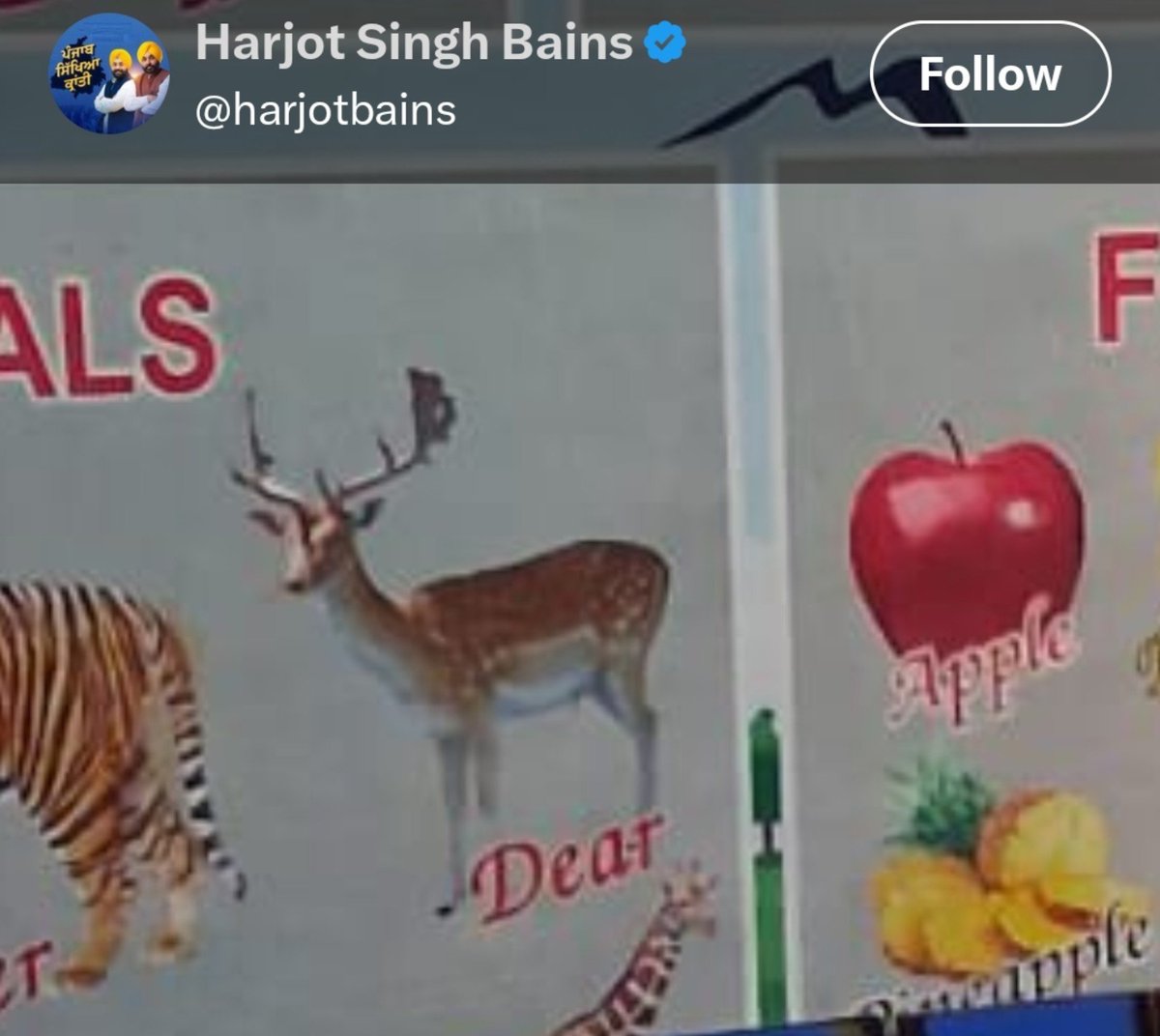 erbmjha's tweet photo. The reality of education under AAP’s so-called "padhi-likhi" government

AAP's Punjab Education Minister shared a school photo with clear spelling errors.
Deer written as "Dear."
Vegetables written as "Vegitables."

When the minister's own post exposes basic spelling mistakes in school material, the education model stands fully revealed.