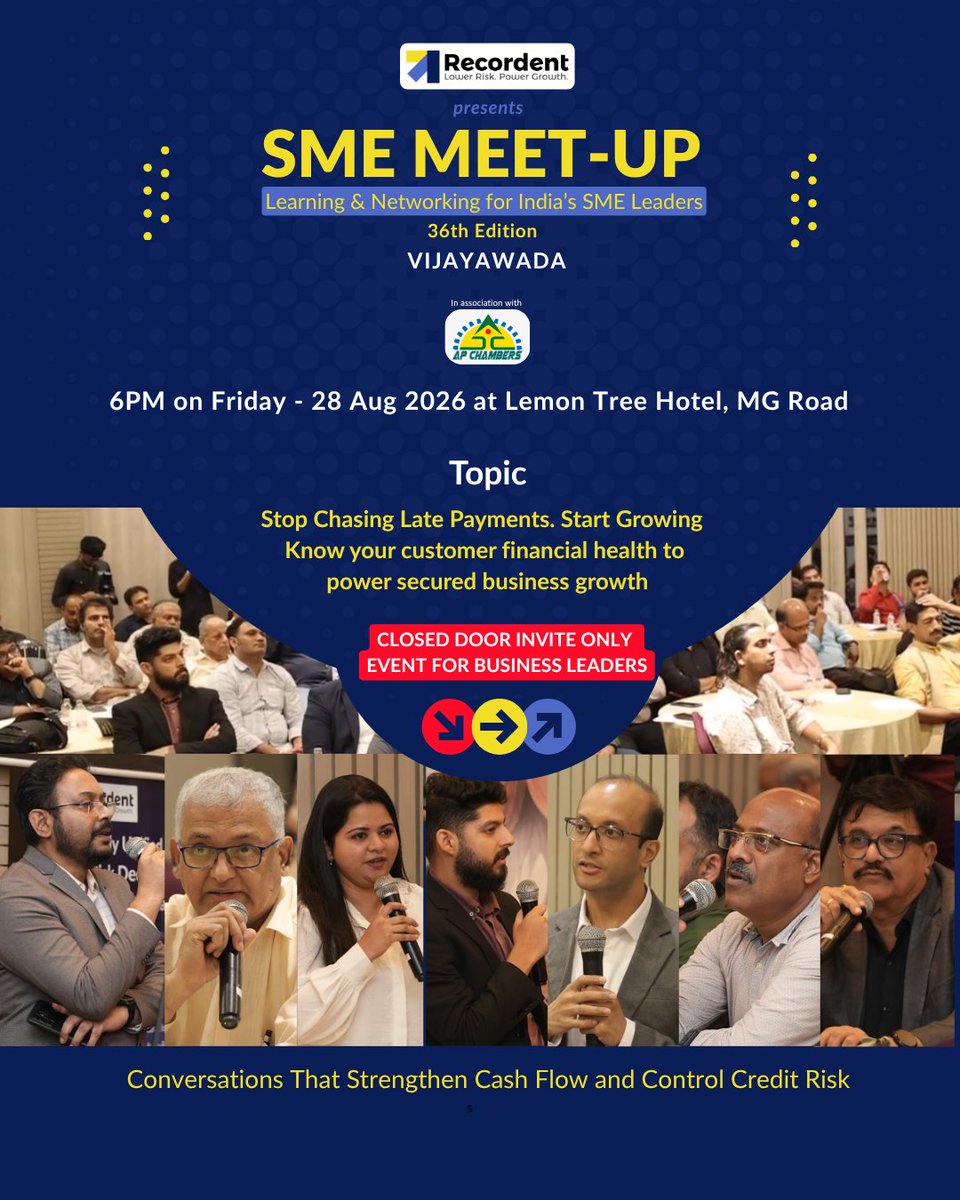 RecordentIndia's tweet photo. Chasing payments is reactive. Knowing the risk is smarter.
Join the 36th Recordent SME Meet-Up in Vijayawada for conversations on credit risk, stronger cash flow & smarter business decisions.
📅 28 Aug | 6 PM
📍 Lemon Tree Hotel, MG Road
#Recordent #SMEMeetUp #Vijayawada #SMEs https://t.co/zl7no4gsXo