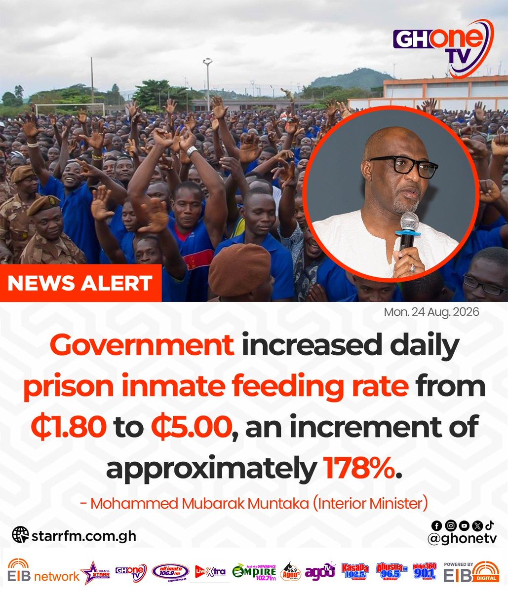 ghonetv's tweet photo. Government increased daily prison inmate feeding rate from ₵1.80 to ₵5.00, an increment of approximately 178%... - Muntaka Mubarak (Interior Minister)

#EIBNetwork #GHOneTV 
#GHOneNews #NewsAlert https://t.co/NZC68JgaqB