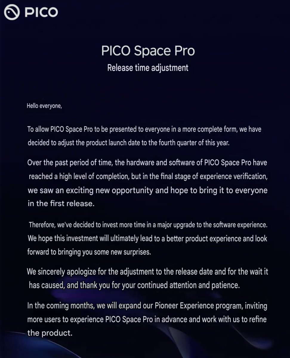 Lunayian's tweet photo. ByteDance has delayed it's Pico Space Pro reveal (from bilibili, translated to English) https://t.co/oKZUywkALE