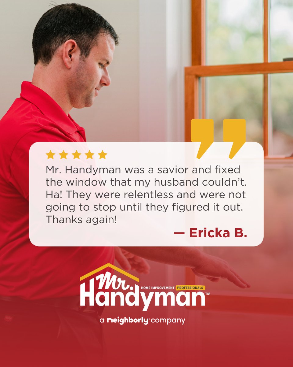 MrHandyman's tweet photo. Some repairs take patience, problem solving, and the right service professional for the job. 🪟🛠️

Mr. Handyman® is proud to help customers get those tricky home repairs handled with care and determination. Thank you, Ericka, for trusting us with your window... https://t.co/SKM0klXkCY