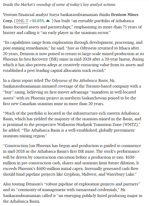 quakes99's tweet photo. ⚡️Ventum Financial initiates coverage of @DenisonMinesCo (TSX: $DML NYSE: $DNN) with a BUY Rating & $5.50 Price Target🎯 as "The Odysseus of the Athabasca Basin" building an enviable portfolio of #Uranium assets and partnerships in its over 75 year history.🇨🇦⚛️⛏️🏭🧑‍🏭🤠🐂 https://t.co/OpZXnNnJ6G