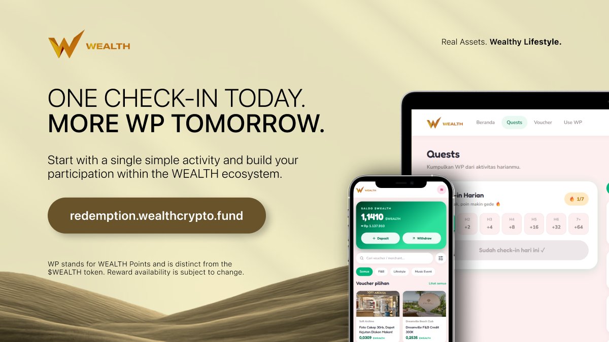 thewealthcrypto's tweet photo. START YOUR STREAK TODAY.

Check in now, collect WP, and keep your streak growing.

How long can you keep your streak going?

CHECK IN NOW →
https://t.co/6IExkaUSo5

Real Assets. Wealthy Lifestyle. https://t.co/7a23OgE8Px
