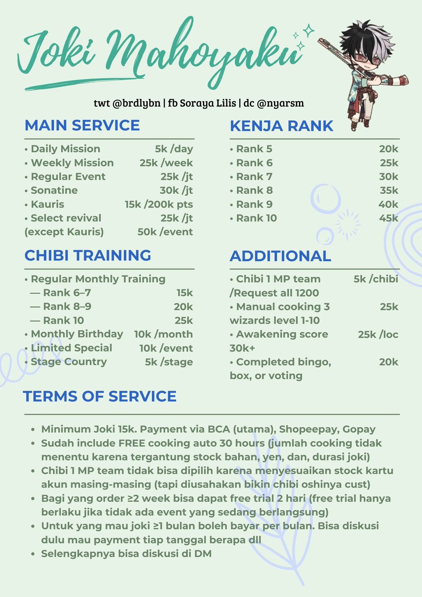 brdlybn's tweet photo. RT/SHARE APPRECIATED

Halo aku open joki mahoyaku utk nambah uang saku. Pricelist tos dll bisa dibaca di pict ^___^

Oh ya krn aku close dm twt, rep dl aja atau langsung ke dc jg blh

Open sl0t 2 acc/bln, bisa lbh tergantung irl dll. Update sl0t:
—Agustus: 0/2
—September: 0/2 https://t.co/fG6MMm3G2q