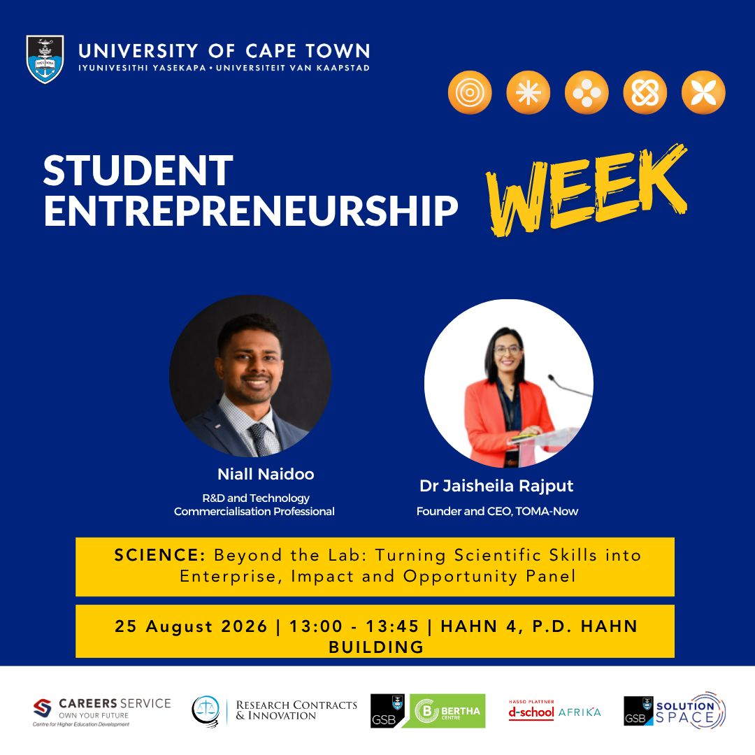 UCTCareers's tweet photo. Join us tomorrow to hear how scientists are creating impact through entrepreneurship, innovation, sustainability, technology and commercialisation.

25 Aug 2026 | 13:00-13:45 | Hahn 4, P.D. Hahn Building
Book Here: https://t.co/LiQWdjiqvJ 

#UCTScienceStudents #UCT #SEW2026 https://t.co/6NApEZKCiX
