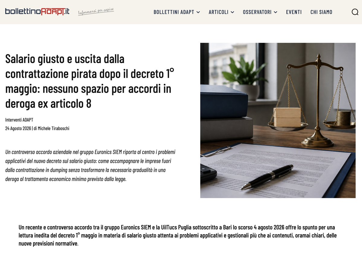 MicheTiraboschi's tweet photo. Nessuno spazio per una contrattazione in deroga di progressivo riallineamento retributivo agli standard dell'articolo 36 Cost. come precisati dal decreto 1° maggio. Al link che segue qualche mia considerazione giuridica e di relazioni industriali per il @bollettinoADAPT su salario giusto e uscita dalla contrattazione c.d. pirata: https://t.co/ybKXT4WVuO