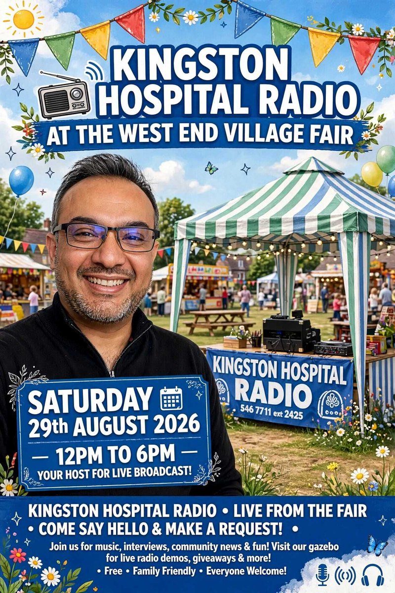 KHRadioOnline's tweet photo. This Saturday we're presenting LIVE at Esher's West End Fair, our very own Mao Ali and several other presenters will be playing music live as well as making announcements! Come and visit us! 🥳 🎙️
#esherwestendfair #livemusic #yourrequests #kingstonhospitalradio #runbyvolunteers https://t.co/UcrUQGP3Db