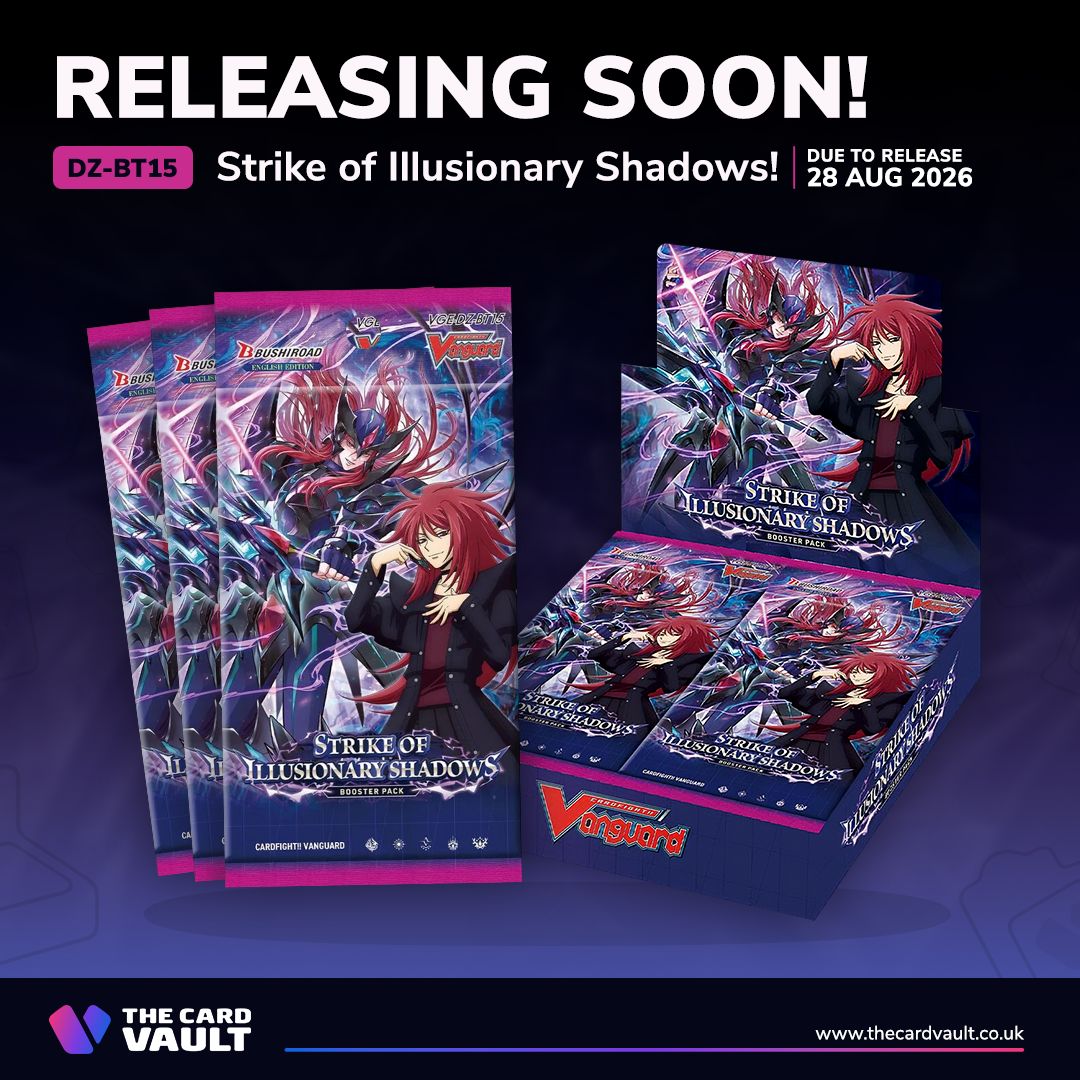 TheCardVaultUK's tweet photo. 🚨 RELEASING SOON! 🚨
Cardfight!! Vanguard: Strike of Illusionary Shadows (DZ-BT15) releases Friday! Featuring everything you need for Ren Suzugamori’s deck, including Phantom Blaster Dragon & more!
Pre-order: https://t.co/urHxSaXNGr
#TheCardVault #CFV #Cardfight #CFVanguard https://t.co/aUVcnKvAYK