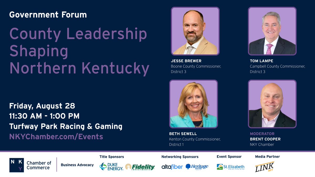 nkychamber's tweet photo. Registration is closing soon for Government Forum: County Leadership Shaping Northern Kentucky  on Friday,  August 28! 🚨 Don’t miss your opportunity to learn more about the essential role of county government in Northern Kentucky ➡️ https://t.co/gy0XLg5tds https://t.co/zOPYAwoyB4