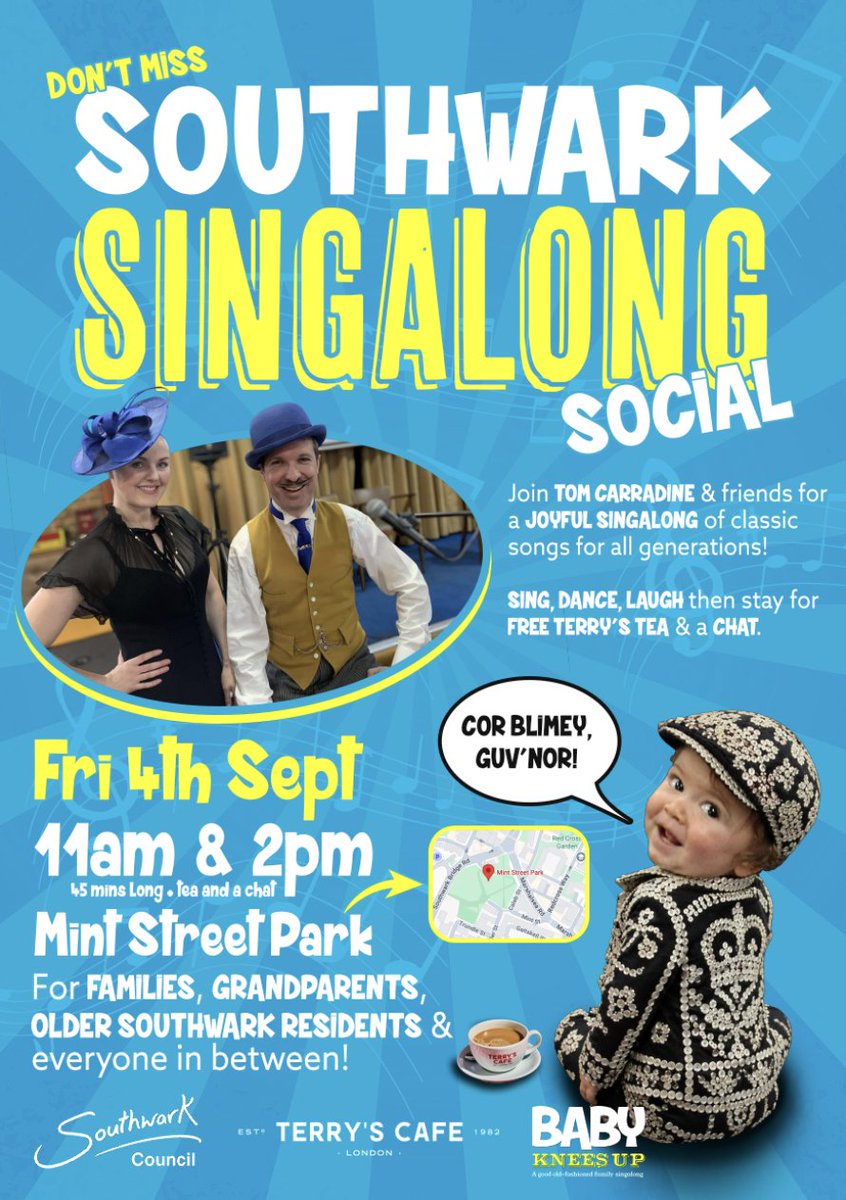 SouthwarkEvents's tweet photo. π€ Don't miss the Southwark Singalong Social!
A joyful community singalong with Tom Carradine & friends featuring classic songs for all generations.
π Mint Street Park π
Fri 4 Sept β° 11am & 2pm
Funded by the Southwark Cultural Celebrations Fund. π #SouthwarkEvents https://t.co/MrauQNM36n