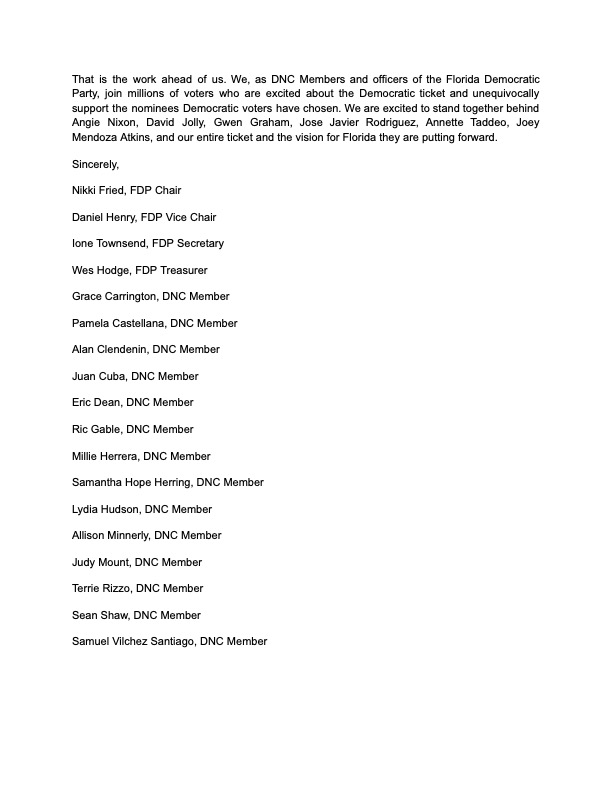 leonardkl's tweet photo. NEW: Florida Democrats release a "Statement of Hope" over their candidate slate following a weekend of infighting. https://t.co/VEAjZc68tU