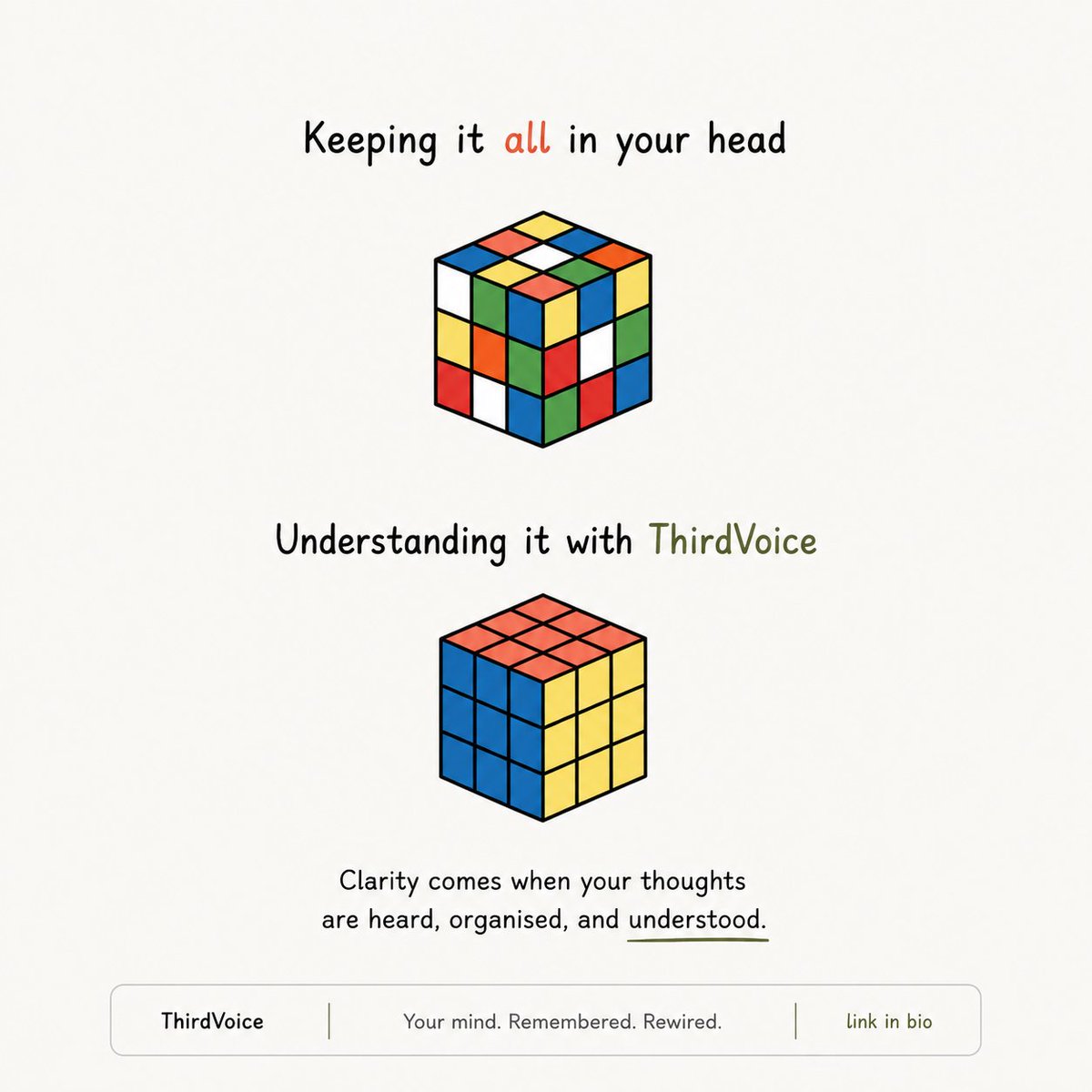 thirdvoice_io's tweet photo. Keeping everything in your head can make every thought feel equally important.

Sometimes clarity begins when you stop carrying it all at once and start making sense of what’s actually there.

ThirdVoice helps you unpack your thoughts, notice recurring patterns, and understand what’s taking up mental space.

Less noise. More clarity.

Explore → https://t.co/dc58NNmqhW