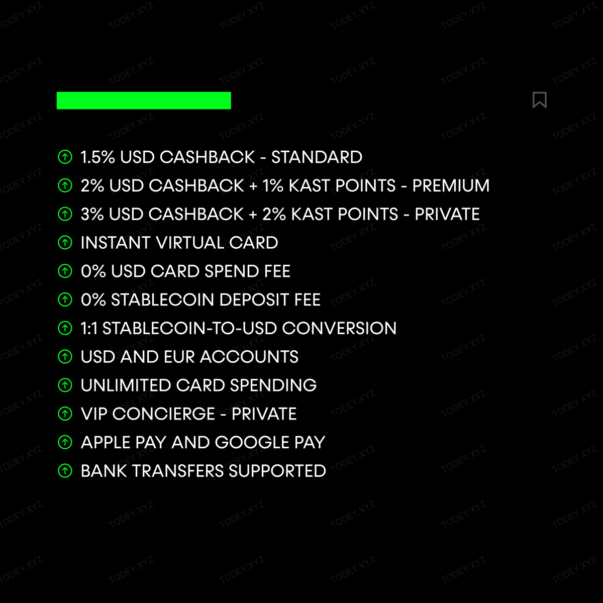 JoinTODEY's tweet photo. 💳 CRYPTO CARD OF THE DAY - KAST

@KASTxyz combines stablecoin spending with global Visa payments, USD accounts, bank transfers, and tiered rewards. 

Standard starts at 1.5% cashback, while Premium and Private offer 2% and 3% plus KAST Points.

https://t.co/zzHgoB1YRs https://t.co/f0gsskFeRc