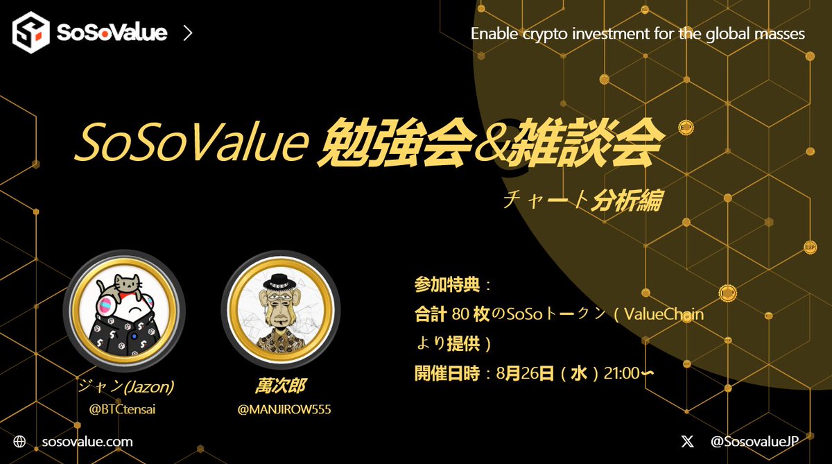 SosovalueJP's tweet photo. 📢 2026/8/26（水）21:00｜SoSoValue勉強会 開催
今回は 「SoSoValue RWAリサーチ編・第1回」 として開催します。
本週のテーマ：Unitree

今回の勉強会では、SoDEXで取り扱われるRWA銘柄について、ニュースや話題性だけでなく、
・どんな企業 / プロジェクトなのか
・なぜ注目されているのか、どこに成長余地があるのか
・どんなリスクがあり、Vault参加や取引前に何を見るべきか
を、日本語で分かりやすく整理していきます。
RWAは、現実世界の企業や資産にアクセスできる一方、価格変動や流動性リスクもあります。参加前にしっかりリサーチし、理解を深めることが大切です。

🗣️ 音声：X スペース（同時配信）
💬 画面共有・リアルタイムチャット：Telegram

🎁 今回も SoSoValue Japan Community にて、
Quiz報酬として 合計60枚の SOSO トークン（ValueChainより） を配布予定です。
さらに、勉強会後のアンケートにご回答いただいた方の中から、
SOSOトークンやEXPなどの追加報酬 も配布予定です。

💬 Telegram（画面共有＆リアルタイムチャット）
https://t.co/fdpxqZT03P
🎙️ X スペースリンク：
https://t.co/WEAilZVMrM 

⚠️ 注意事項
本勉強会は投資助言を目的としたものではありません。
各RWAやプロジェクトについて、参加者の皆さんと理解や考え方を共有することを目的としています。
