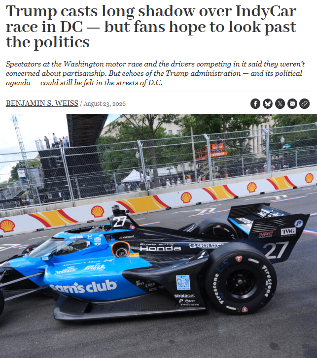 BenjaminSWeiss's tweet photo. 🏁INDY IN DC: IndyCar threaded the political needle in Washington this weekend, putting on a high-octane show in the streets of DC that brought fans together across the partisan divide.

But on the sidelines, the Trump admin political messaging machine was in high gear.

More ⤵️ https://t.co/AjTY2Y8eBa