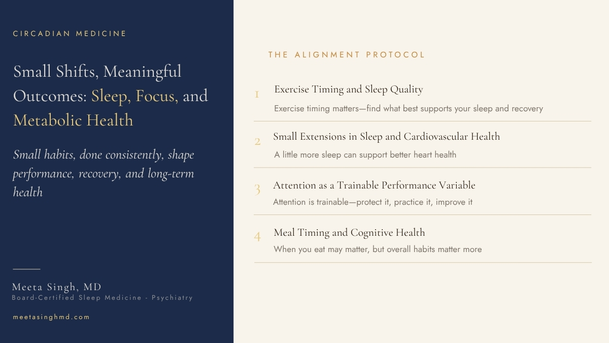 meetasinghmd's tweet photo. Your brain doesn’t run on one habit—it runs on the whole system. 
Sleep, movement, meal timing, metabolic health, and attention all work together to shape how we think, perform, recover, and feel.
The goal isn’t perfection. It’s building daily habits that support your brain for the long run.
Subscribe to The Nocturne at https://t.co/QW8iYKGDC0 #SleepScience #PerformanceSleep #BrainHealth