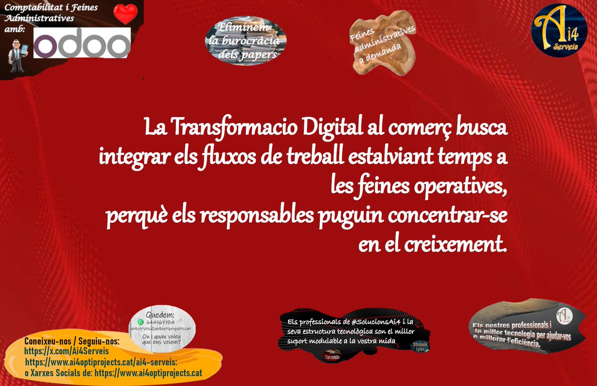 Ai4Serveis's tweet photo. La transformació imprescindible per sobreviure, passa ineludiblement per concentrar els més grans esforços en la #CreaciódeValor i integració / #Optimitzacio de processos repetitius i de suport: #Comptabilitat #Facturació #GestiodeCompres #GestioInventaris,
i #Organitzacio https://t.co/IUMswrkP1g