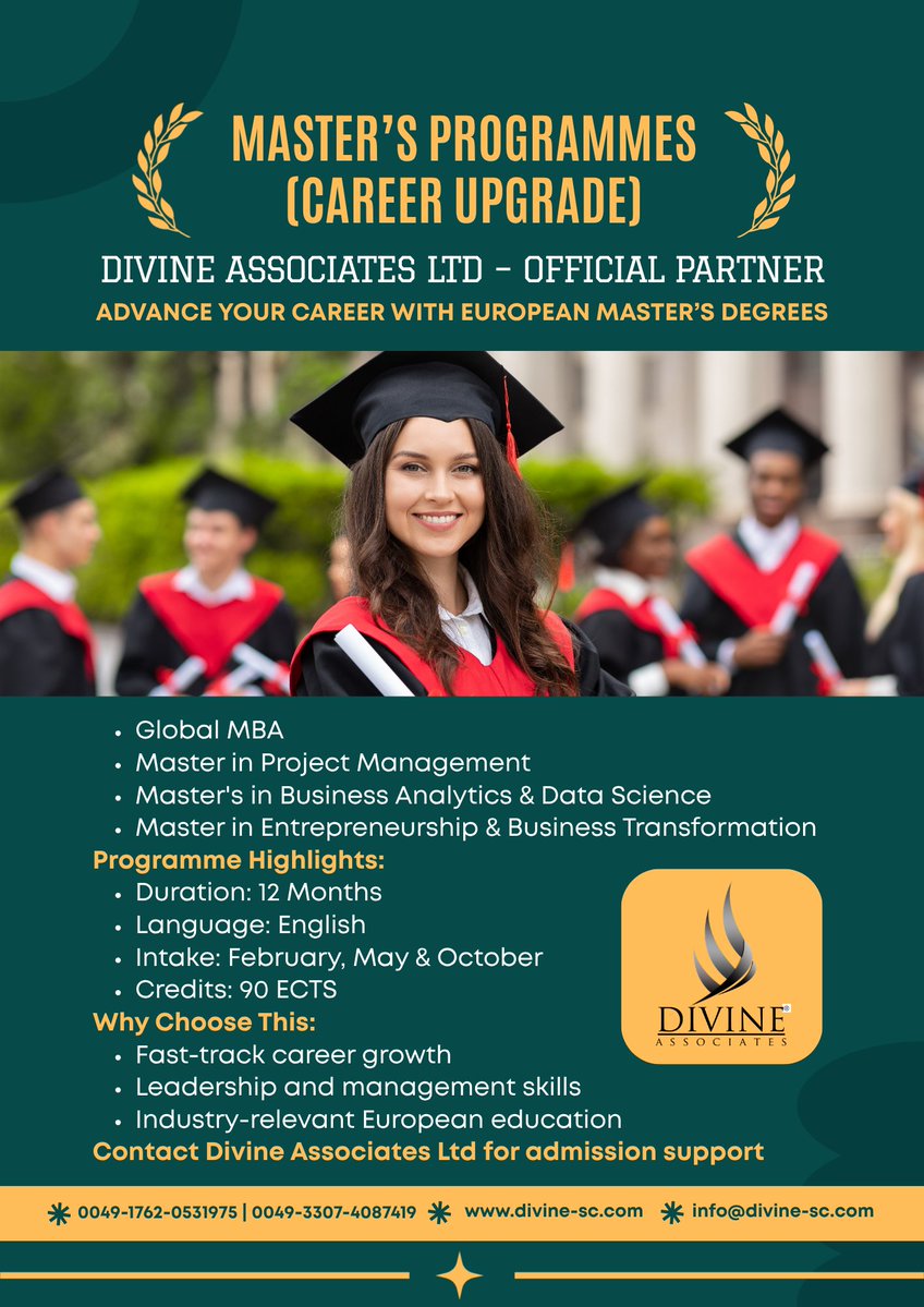 DivineAssociat's tweet photo. š Study in Europe. Build your global career with Divine Associates Ltd. š
#StudyInEurope #MastersInEurope #StudyAbroad #European #InternationalStudents #StudyAbroadConsultancy #MastersDegree #CareerGrowth #DivineAssociatesLtd #HigherEducation #GlobalEducation https://t.co/wncV7SCnIX