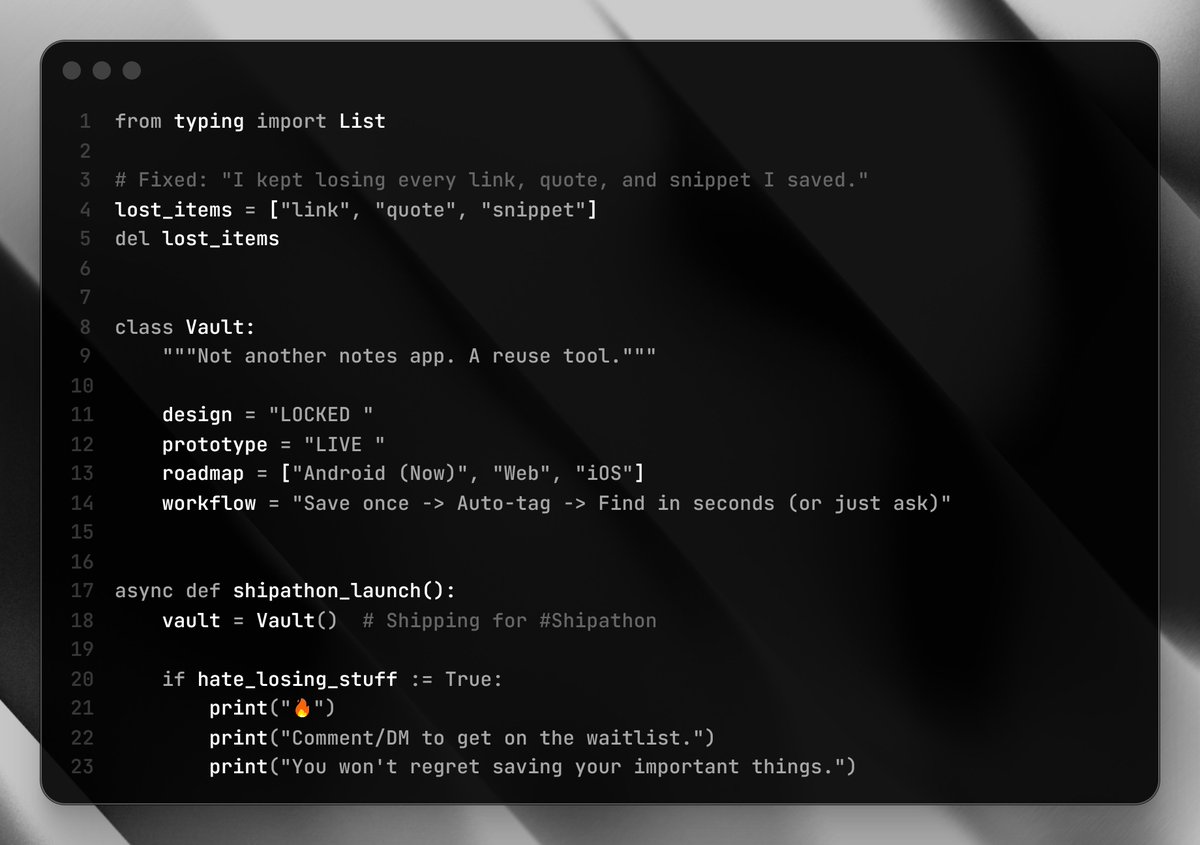 Aryan_build's tweet photo. We are building Vault

Comment or dm and I assure you won't regretSaving your Important things there instead of a simple notes app 

#buildinginpublic  
#inspiration from wispr flow and many more https://t.co/KNHeqITSbw
