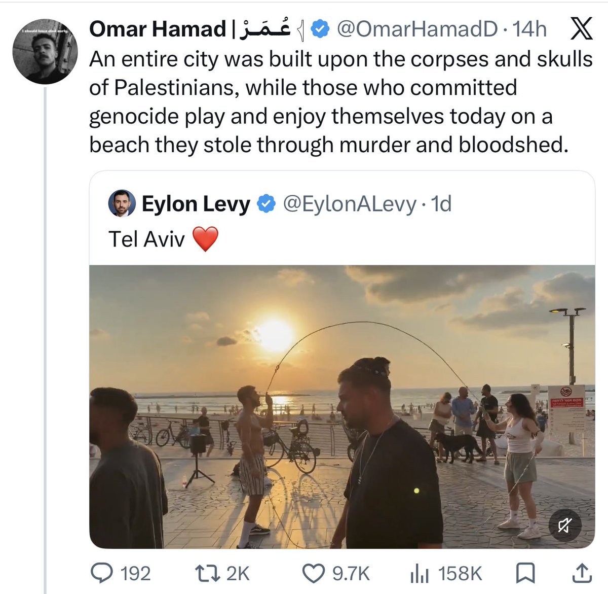 EylonALevy's tweet photo. It’s crazy how posting a video of Israelis skipping on the beach is a form of engagement farming 🤣 https://t.co/sv6NjUDwQF