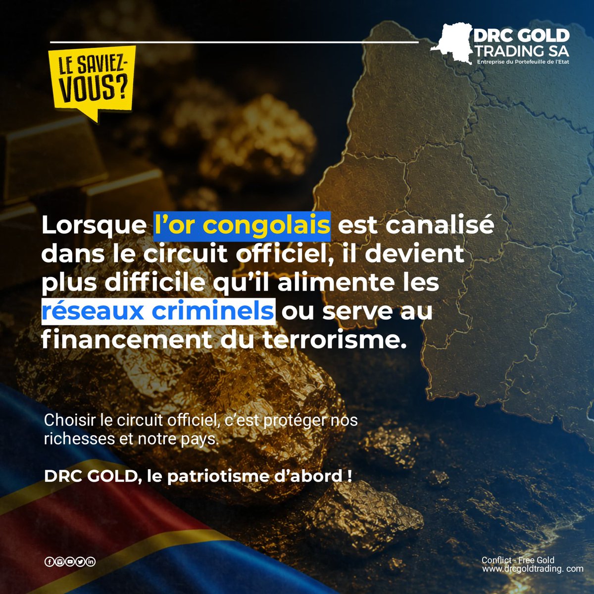 DrcGoldTrading's tweet photo. #RDC Le choix du circuit officiel, c’est aussi le choix de la traçabilité, de la transparence et d’une chaîne d’approvisionnement responsable.
Ensemble, faisons de chaque gramme d’or une richesse qui profite à notre pays et non aux circuits criminels.
#drcgold #gold #RDC https://t.co/p2moewmQex