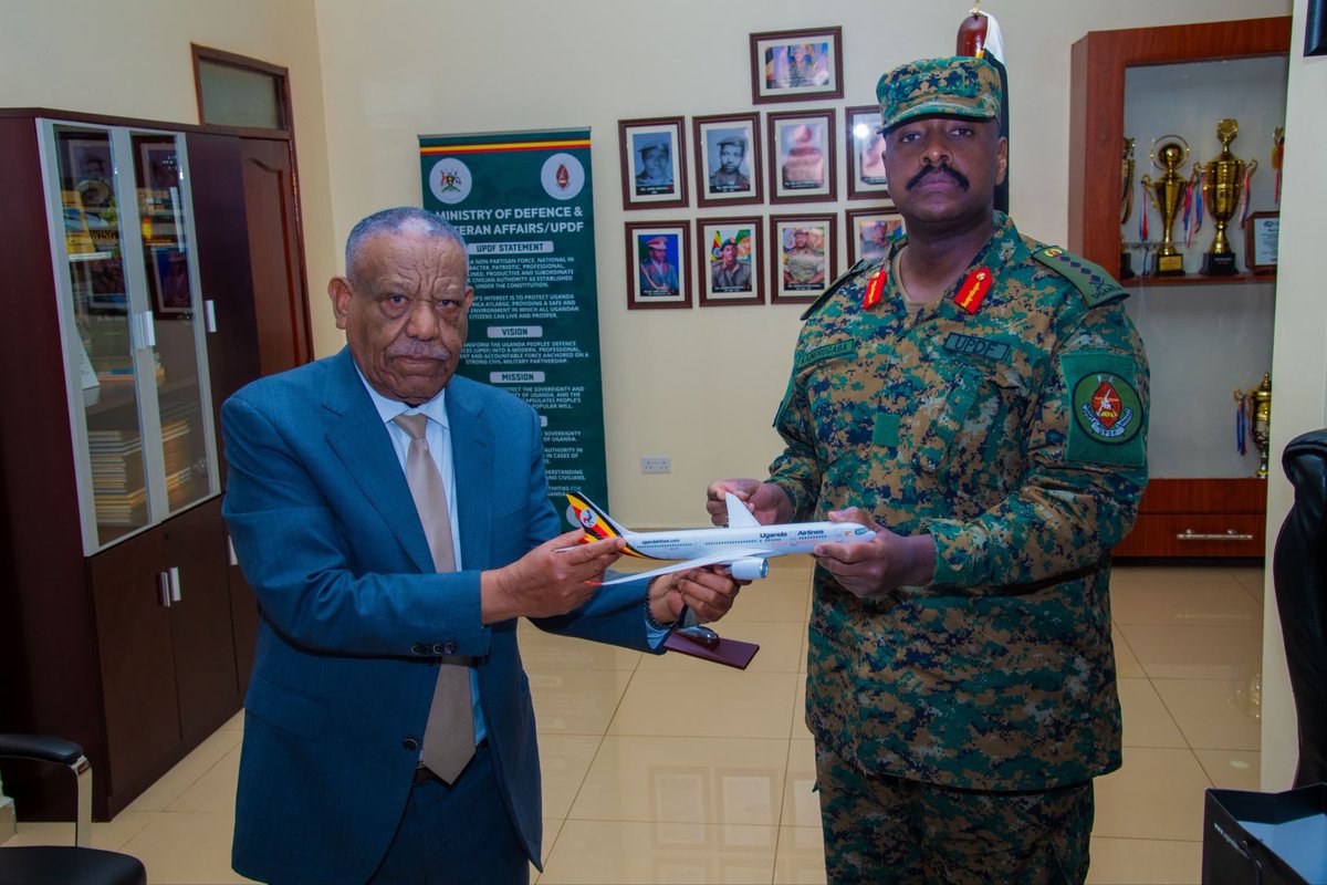 ChrisOMagezi's tweet photo. Uganda Airlines Chiefs Brief Gen Kainerugaba on Strategic Growth Plans

Entebbe, Monday 24 August 2026

The executive leadership team of Uganda Airlines, led by Acting Chief Executive Officer Girma Wake, met with Chief of Defence Forces Gen. Muhoozi Kainerugaba at the Special Forces Command Headquarters in Entebbe to present the national carrier’s strategic growth plan.

The airline executives also included Chief Finance Officer Allan Joel Kyeyune, Acting Manager for Human Resource and Administration Anne Apio, and Acting Chief Commercial Officer Shakila Lamar Rahim.

The briefing follows ongoing structural changes aimed at improving corporate governance, steadying daily operations, and positioning the national airline for long-term commercial growth.

The airline management outlined plans to optimize the performance of its existing aircraft, expand international routes out of Entebbe to Asia, Europe, the Middle East, and regional African hubs, and establish domestic services to meet internal travel demands.

To reduce operational costs and build internal capacity, the airline chiefs said they are working to bring aircraft maintenance and ground handling services in-house while training local aviation personnel. The leadership team emphasized that strong support from government and industry stakeholders will be critical to sustaining this strategy.

Gen. Kainerugaba commended the leadership team’s progress and pledged his support, noting that a strong national carrier is vital to advancing Uganda’s trade, regional integration, and economic goals.

Source: Defence Press Unit