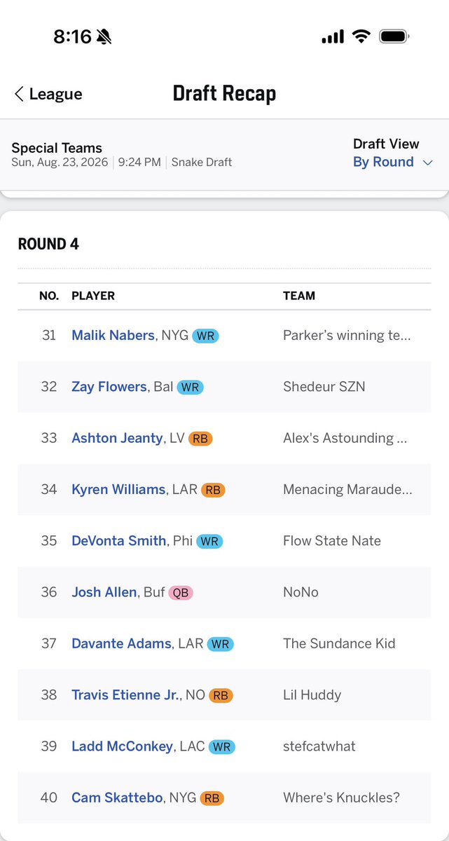 dombach_alex's tweet photo. @SleeperHQ Rolled the dice and took Jeanty in the 4th, could potentially be league winning or losing depending on the severity of his injury https://t.co/TmnNb7lgeH