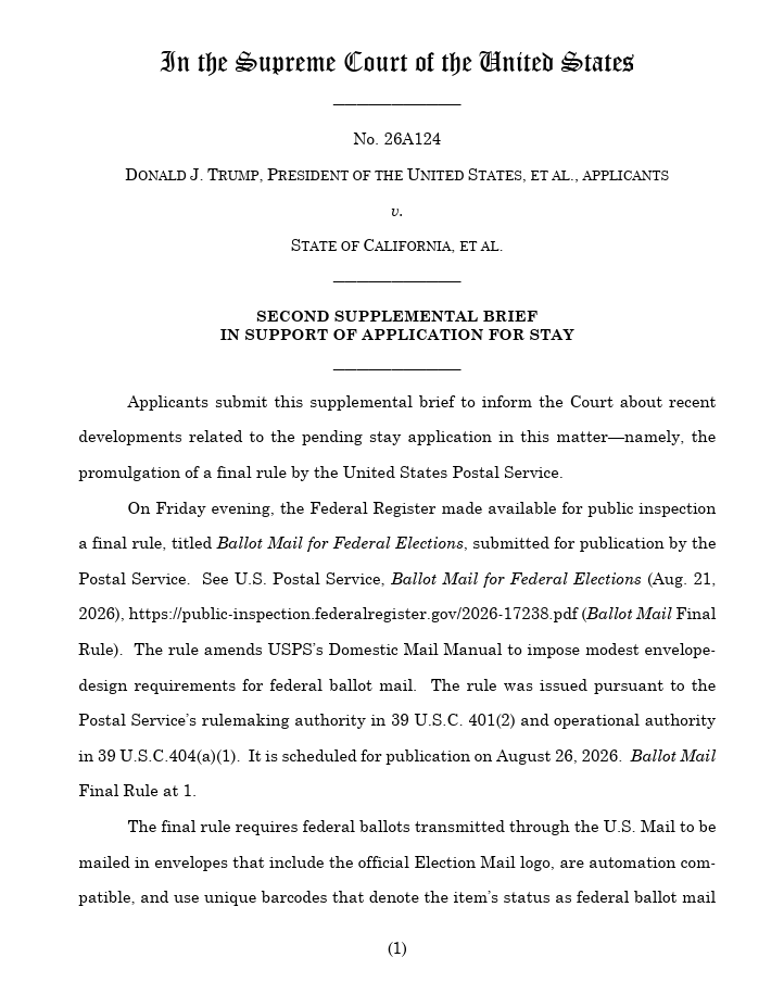 scotus_wire's tweet photo. 🚨 The Trump administration has again urged the Supreme Court to lift Judge Indira Talwani’s injunction against President Trump’s election executive order, arguing USPS’s final mail-ballot rules confirm her ruling was based on policies the agency ultimately did not adopt. https://t.co/v3kx2O6NuT