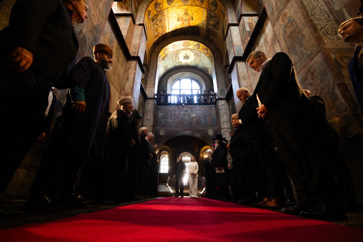 ZelenskyyUa's tweet photo. Today, a shared prayer was said at St. Sophia’s Cathedral. People of different denominations and faiths, but firmly united spiritually. And it is precisely this Ukrainian unity that helps our state fight every day for what is ours.

Together with representatives of the clergy, we prayed for peace and an end to the war, for Ukraine and our people. For our defenders, for everyone who is waiting to return home, and for blessings for Ukraine.

We are grateful to everyone who always keeps Ukrainians in their prayers.