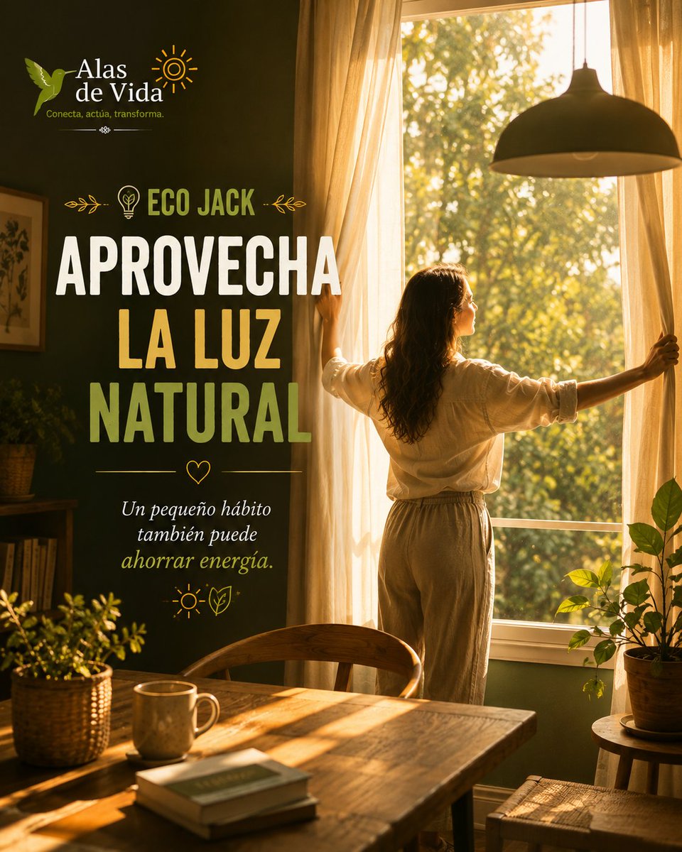 nat_morem's tweet photo. 💡 ECO JACK
Aprovecha la luz natural.
☀️ Abre cortinas y persianas durante el día antes de encender las luces.
🌿 Un hábito tan sencillo ayuda a reducir el consumo de energía.
💚 Deja entrar la luz, no el desperdicio.
#EcoJack #AhorroDeEnergía #HábitosSostenibles #Cuidemos https://t.co/DrMNZwg7Qd