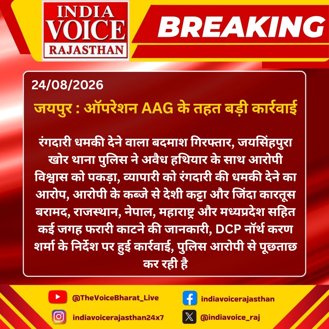 indiavoice_raj's tweet photo. #Jaipur : ऑपरेशन AAG के तहत बड़ी कार्रवाई, रंगदारी धमकी देने वाला बदमाश गिरफ्तार...
#OperationAAG #CrimeNews #ArmsAct #LawAndOrder #IndiaVoiceRajasthan @jaipur_police
@PoliceRajasthan https://t.co/djeEhvvRDn