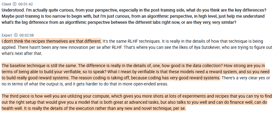RihardJarc's tweet photo. Very interesting comments from a member of the $META MSL team (Meta SuperIntelligence Lab), regarding Anthropic's moat and $META's focus:

1.  He mentions that $META 's focus is really on the consumer play of the LLM spectrum. He believes it's critical that, as we enter this next era, $META owns the consumer relationship layer and the leverage of using LLMs from the lens of consumers.

2.  He doesn't think the »recipes« between the AI model labs are that different. It's the same RLHF techniques. It's about how good is your data collection and reward system. The reason coding has taken off is that it has a very good reward system. And the third is compute, which gives you more shots at lots of experiments and recipes to try and find the best setup.

3.  He thinks it is highly likely that other labs will catch Anthropic on coding because coding is very verifiable. Because of this, it has low barriers to entry. He sees Anthropic's advantage as stemming from its early focus in this era.

found on @AlphaSenseInc