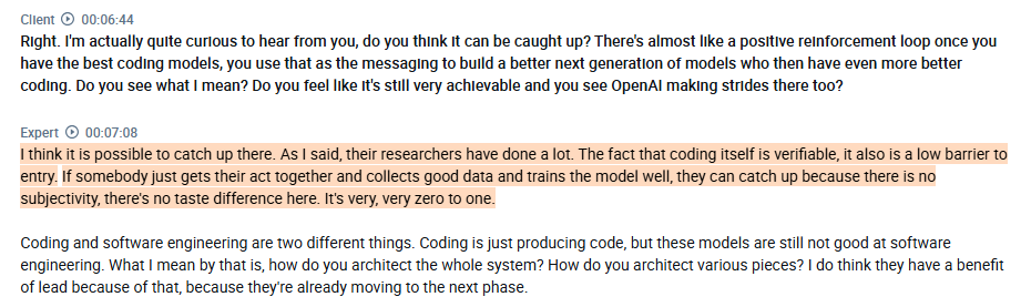 RihardJarc's tweet photo. Very interesting comments from a member of the $META MSL team (Meta SuperIntelligence Lab), regarding Anthropic's moat and $META's focus:

1.  He mentions that $META 's focus is really on the consumer play of the LLM spectrum. He believes it's critical that, as we enter this next era, $META owns the consumer relationship layer and the leverage of using LLMs from the lens of consumers.

2.  He doesn't think the »recipes« between the AI model labs are that different. It's the same RLHF techniques. It's about how good is your data collection and reward system. The reason coding has taken off is that it has a very good reward system. And the third is compute, which gives you more shots at lots of experiments and recipes to try and find the best setup.

3.  He thinks it is highly likely that other labs will catch Anthropic on coding because coding is very verifiable. Because of this, it has low barriers to entry. He sees Anthropic's advantage as stemming from its early focus in this era.

found on @AlphaSenseInc