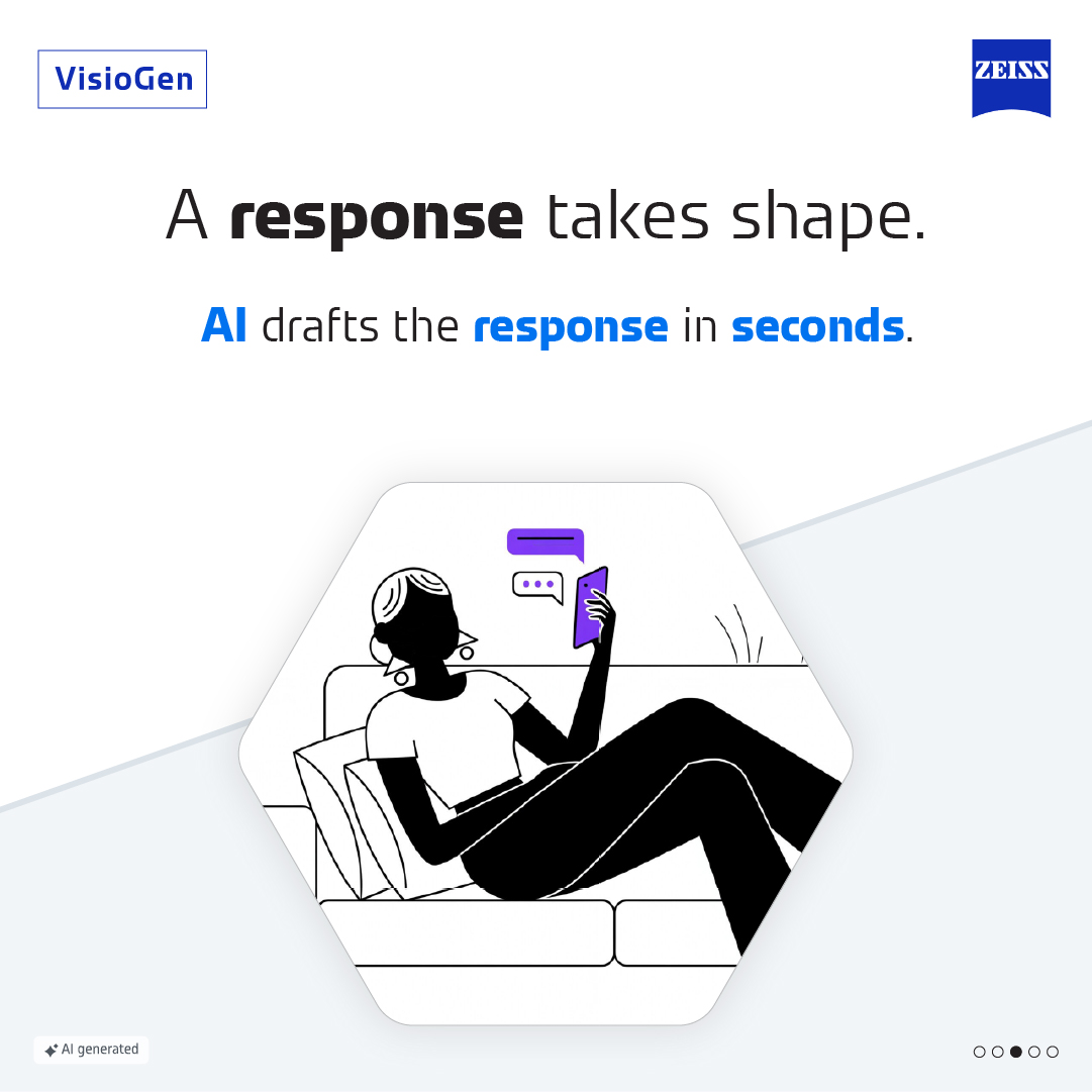 ZEISSVisioGen's tweet photo. What happens after a patient clicks “send”?

Conversation starts 24/7. AI drafts response. 

Optometrist reviews . Patient gets a verified response
ZEISS VisioGen, where conversation become consultations.

Keep the conversation going 

https://t.co/woNtxu15di

#ZEISSVisioGen #Ophthalmology #PatientEngagement #GovernedAI #HealthcareAI #PracticeGrowth