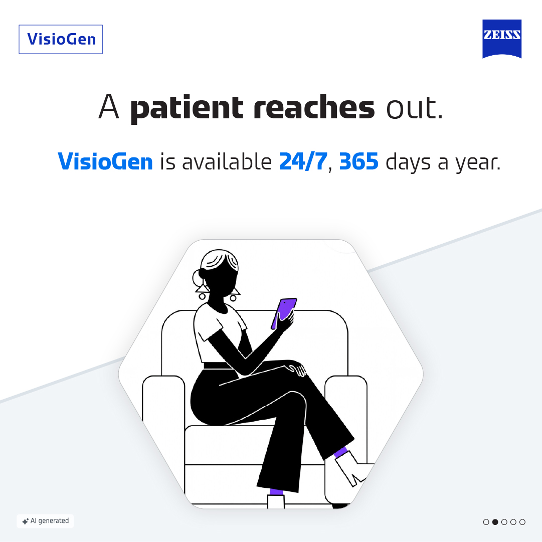 ZEISSVisioGen's tweet photo. What happens after a patient clicks “send”?

Conversation starts 24/7. AI drafts response. 

Optometrist reviews . Patient gets a verified response
ZEISS VisioGen, where conversation become consultations.

Keep the conversation going 

https://t.co/woNtxu15di

#ZEISSVisioGen #Ophthalmology #PatientEngagement #GovernedAI #HealthcareAI #PracticeGrowth