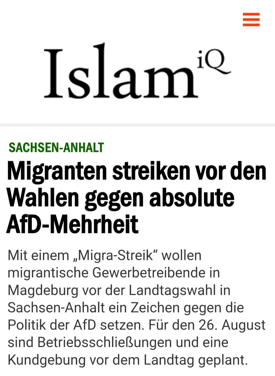 Raeubertochtah's tweet photo. Die NGO »Flüchtlingsrat Sachsen-Anhalt e.V.« und andere migrantische Verbände rufen zu einem »Migra-Streik« am 26. August 2026 auf.

Gewerbetreibende mit Migrationshintergrund sollen an diesem Tag in Magdeburg und anderen Städten des Landes ihre Läden und Betriebe freiwillig von 10 bis 15 Uhr schließen, um die »Demokratie zu retten«.