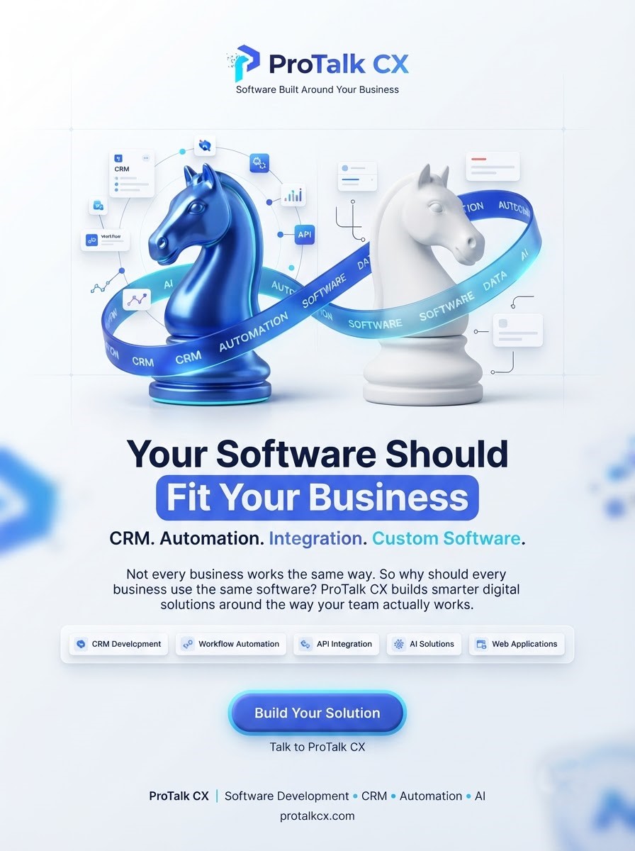 Protalk_Limited's tweet photo. Your software should fit your business—not the other way around! ♟️
Build your custom solution today with ProTalk CX! 🌐 https://t.co/q9CgEdv5tF
#ProTalkCX #CustomSoftware #CRMDevelopment #WorkflowAutomation #APIIntegration #AISolutions #BusinessAutomation #SoftwareDevelop https://t.co/OJ6pCjfPyD