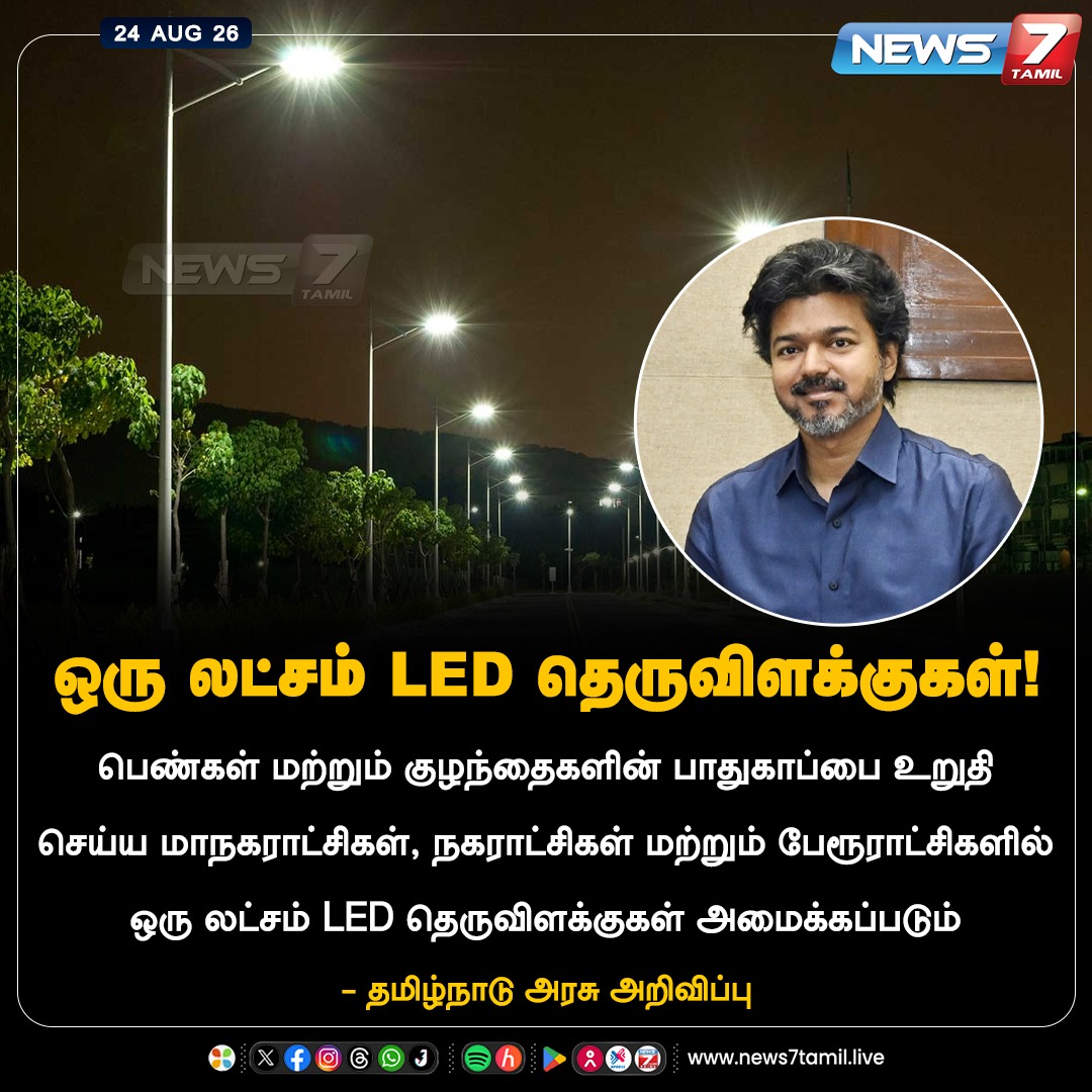 news7tamil's tweet photo. ஒரு லட்சம் LED தெருவிளக்குகள்!

#TVK | #Vijay | #CMJosephVijay‌ | #CMVijay‌ | #TVKVijay‌ | #TNGovt https://t.co/8PABCRRYxi