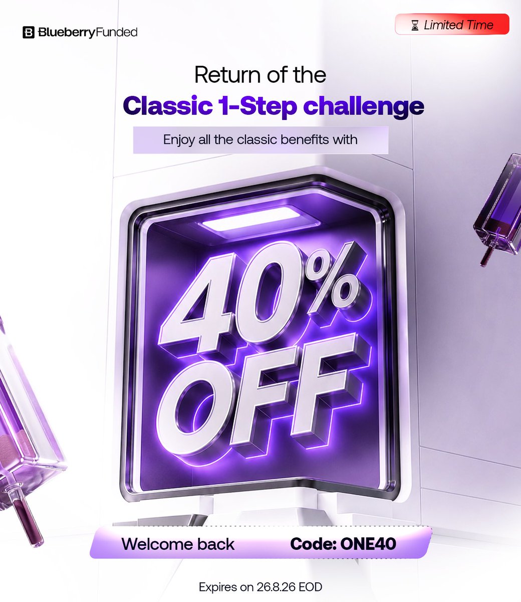 BlueberryFunded's tweet photo. 🚨[BREAKING NEWS] 

The Classic 1-Step challenge is BACK 🚨

Discounted for a limited time: 

🎟️Use code: ONE40 at checkout for 40% OFF 🎉 https://t.co/9rsybl57Tb