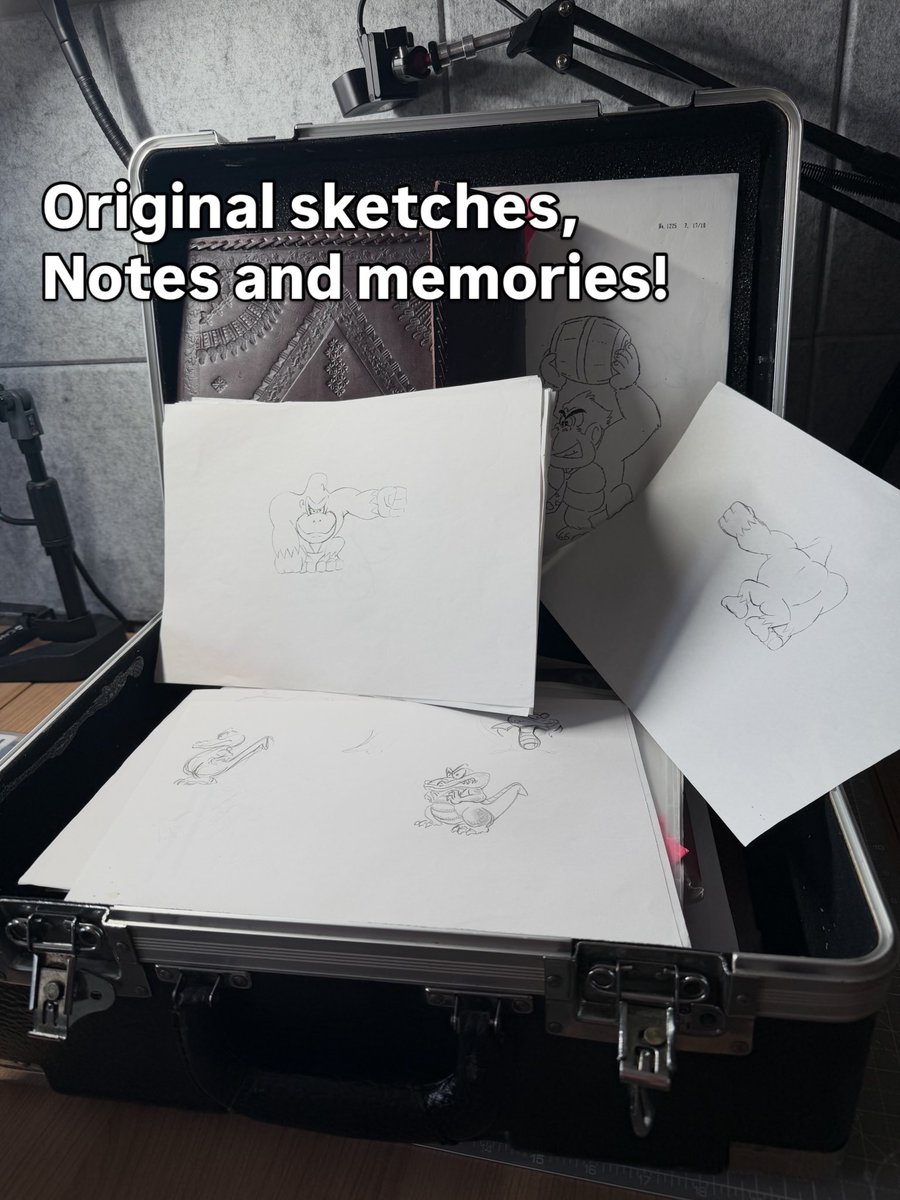 Kev_Bayliss's tweet photo. Just in case. Just. (See what I did there?) managed to find a better way to store all of my old Donkey Kong Country concepts alongside all the others. Still need to finish the scrap books though, but at least they’re all in and safe in my old mic case, which is aptly named ‘Gator’ - how Krool!