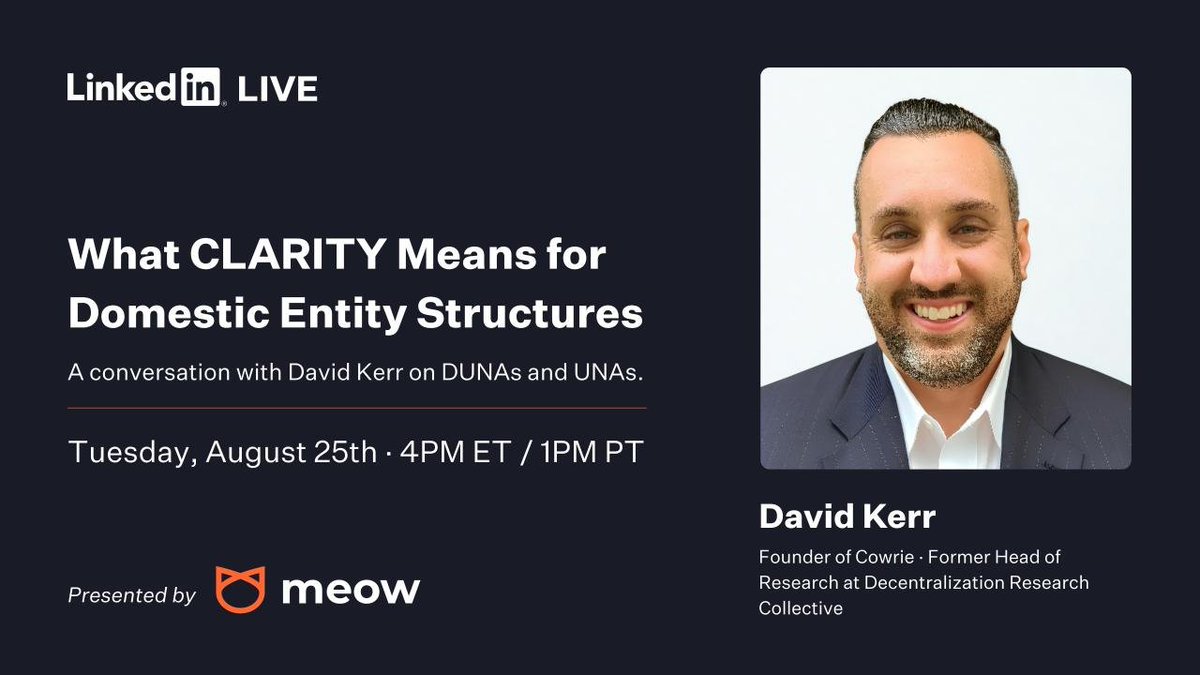 brandon's tweet photo. Tomorrow, I'm speaking with @DKerr_Cowrie on the CLARITY Act.

1. What it means, and what's going on in the market
2. What happens if it doesn't pass
3. Where the UNA came from, and how David and Miles built the DUNA on top of it

Tune in live tomorrow at 4p ET. https://t.co/fpguNpziQb