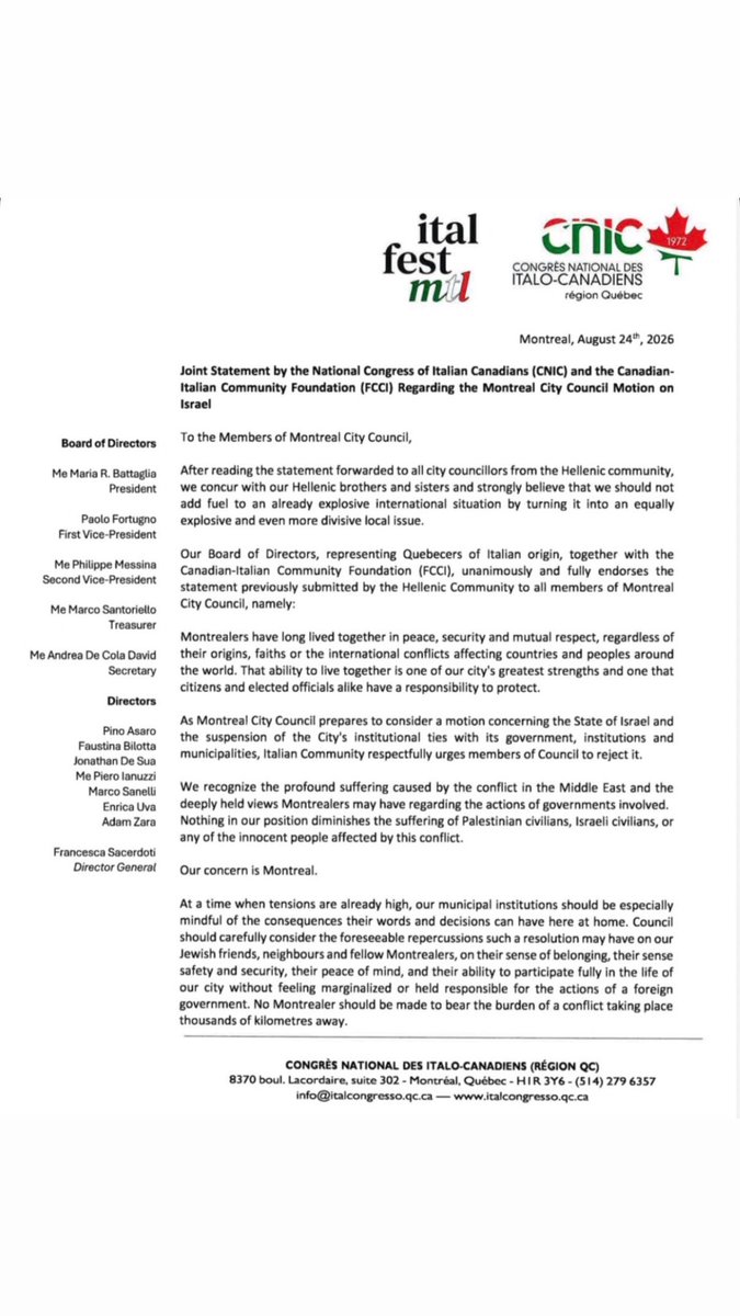 SarahEttedgui's tweet photo. There is something deeply meaningful about this kind of allyship.

The Hellenic Community of Greater Montreal publicly called on City Council to reject the August 24 motion, warning against importing an international conflict into our municipal institutions and making Jewish Montrealers bear responsibility for the actions of a foreign government.

Today, the National Congress of Italian Canadians and the Canadian-Italian Community Foundation joined them and endorsed that statement unanimously.

Greek and Italian Montrealers standing beside their Jewish neighbours, not by demanding agreement on the Middle East, but by defending something much more fundamental: our right to belong here, equally and without being collectively held responsible for a conflict thousands of kilometres away.

This is what solidarity between communities looks like.

Thank you. 🇬🇷🇮🇹🇨🇦