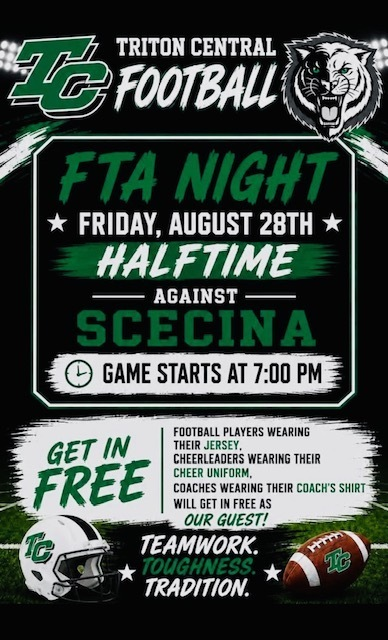 TCES_Tigers's tweet photo. FTA Night is THIS Friday; the announcer will call participants down to the scoreboard end zone with 3 minutes left in the 1/2. Teams will run onto the field stopping at the 50-yard. FTA participants are free, family members will need to buy a ticket. https://t.co/fza9M936VZ